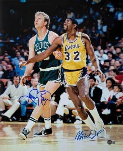 Larry Bird & Magic Johnson Autographed Celtics Lakers 16X20 Photo Beckett Witnessed #4