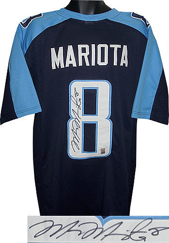 Marcus Mariota Autographed Signed Navy Blue Custom Stitched Pro Style Football Jersey XL #8 (black sig)- Mariota Hologram 