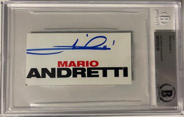 Mario Andretti signed 2x4 Andretti Logo Cut Signature- BAS/Beckett Encapsulated #00013162180
