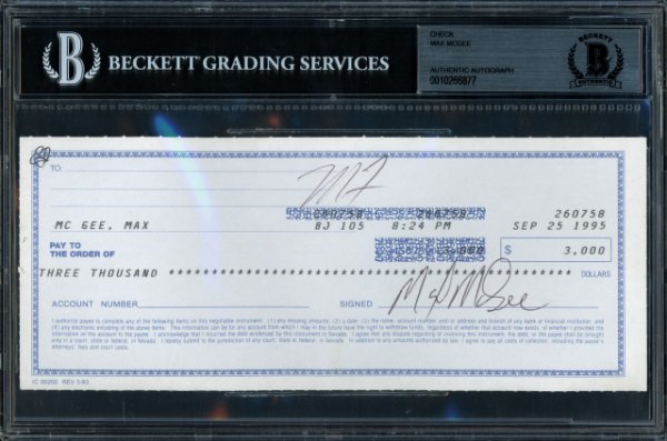 Max Mcgee Autographed Signed 3.5X8.5 Check Green Bay Packers Beckett Beckett 