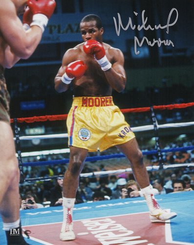 Michael Moorer Signed Boxing Gold Trunks Action 8x10 Photo
