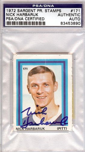 Nick Harbaruk Autographed 1972 Sargent Stamps Card #171 Pittsburgh Penguins PSA/DNA