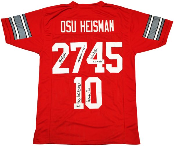 Ohio State Buckeyes Archie Griffin, Eddie George & Troy Smith Autographed Signed Red Jersey Heisman Trophy Winners Beckett Beckett Witness #230170 