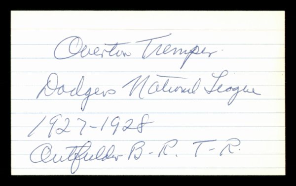 Overton Tremper Autographed Signed 3X5 Index Card Brooklyn Dodgers #174268 