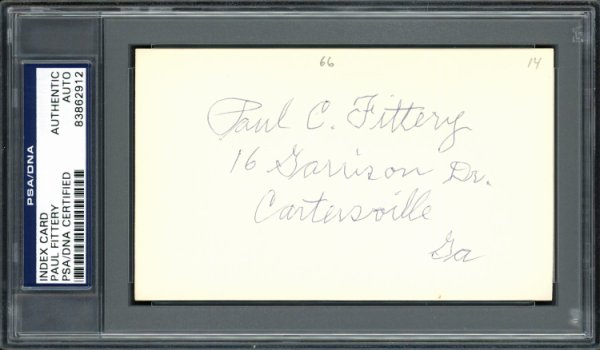 Paul C. Fittery Autographed Signed 3X5 Index Card Cincinnati Reds, Philadelphia Phillies PSA/DNA 