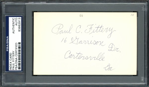 Paul C. Fittery Autographed Signed 3X5 Index Card Cincinnati Reds, Philadelphia Phillies PSA/DNA 