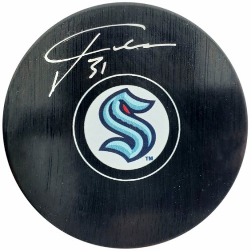 Philipp Grubauer Autographed Official Seattle Kraken Logo Hockey Puck Fanatics Holo #200455