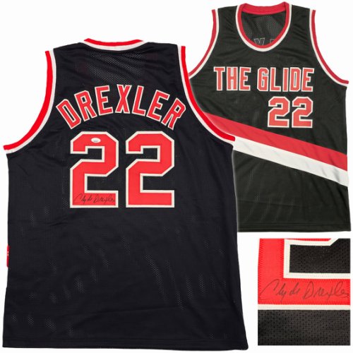 Portland Trailblazers Clyde Drexler Autographed Signed Black & Red Jersey JSA 