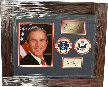 President George W. Bush Autographed Signed Bookplate Custom Framing w/ 8x10 Photo/Presidential Seals- Beckett Review (18x22) 