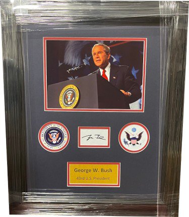 President George W. Bush Autographed Signed Bookplate Cut Signature Custom Framing w/ 7.5x10.5 Photo/Presidential Seals- Beckett Review (20x