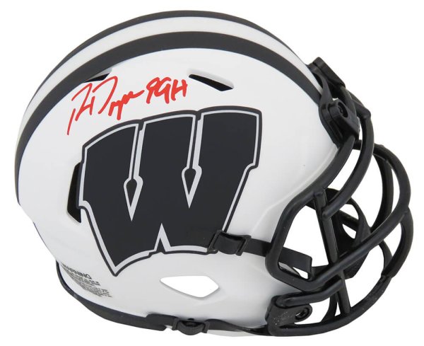 Ron Dayne Autographed Signed Wisconsin Badgers Lunar Eclipse White Matte Riddell Speed Mini Helmet w/99H - (In Red) 