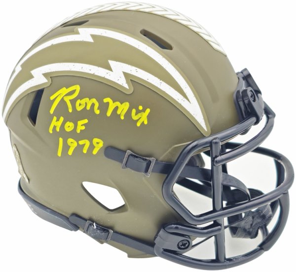 Ron Mix Autographed Signed San Diego Chargers Army Green Salute To Service Speed Mini Helmet "HOF 1979" Beckett Beckett Witness #230075 