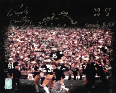 Rudy Ruettiger Autographed Signed Notre Dame Fighting Irish 8X10 Photo w/ ND 24-GT 3/November 8, 1975 & Play Drawing- Rudy 45 Holo 