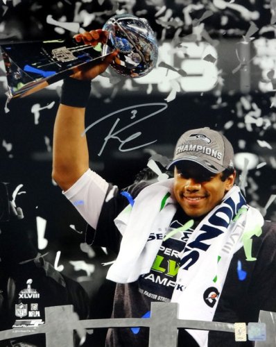 Russell Wilson Autographed Signed 16X20 Photo Seattle Seahawks Super Bowl Trophy Rw Holo #85977 