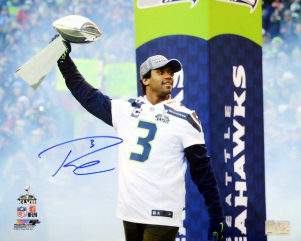 Russell Wilson Autographed Signed 16X20 Photo Seattle Seahawks Super Bowl Trophy Rw Holo #95144 