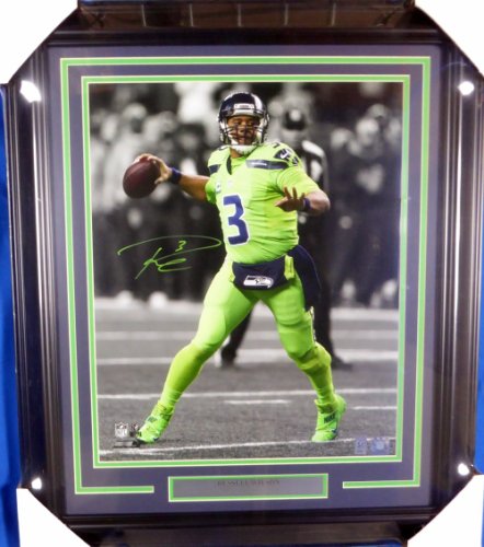 Russell Wilson Autographed Signed Framed 16X20 Photo Seattle Seahawks Action Green Color Rush Rw Holo #126674 
