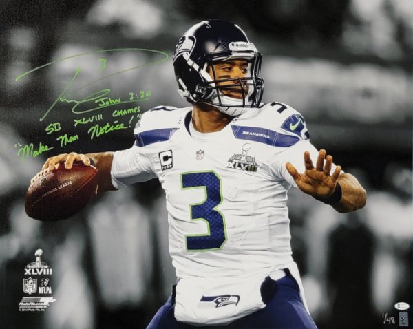 Russell Wilson Autographed Signed Framed 24X30 Canvas Photo Seattle Seahawks "Sb Xlviii Make Them Notice" #1/48 Beckett Beckett 
