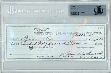 Sam Snead PGA/Golf 3x8 Bank Check Autographed Signed In Black Beckett BAS #0010734619 