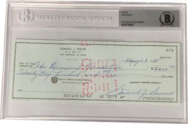 Sam Snead PGA/Golf 3x8 Bank Check Autographed Signed In Blue Beckett BAS #0010734623 