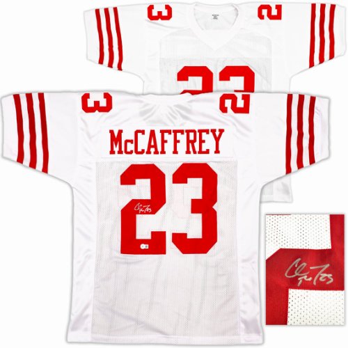 San Francisco 49Ers Christian Mccaffrey Autographed White Jersey Beckett Beckett Qr #227789