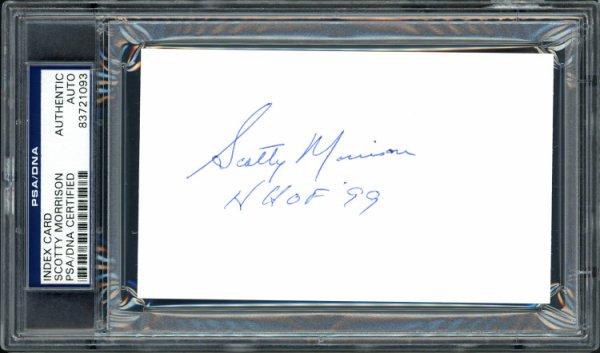 Scotty Morrison Autographed Signed 3X5 Index Card NHL Referee & President "Hhof '99" PSA/DNA 