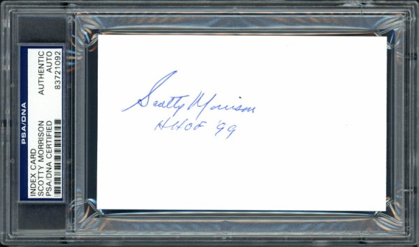 Scotty Morrison Autographed Signed 3X5 Index Card NHL Referee & President "Hhof '99" PSA/DNA 