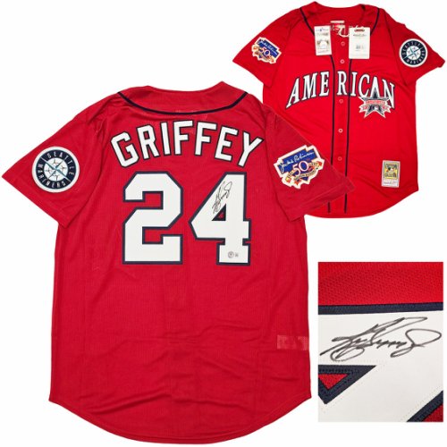 Seattle Mariners Ken Griffey Jr. Autographed Signed Red Authentic Mitchell & Ness 1997 All Star Game Jersey Size L Jackie Robinson Patch Beckett Beckett Witness #212471 
