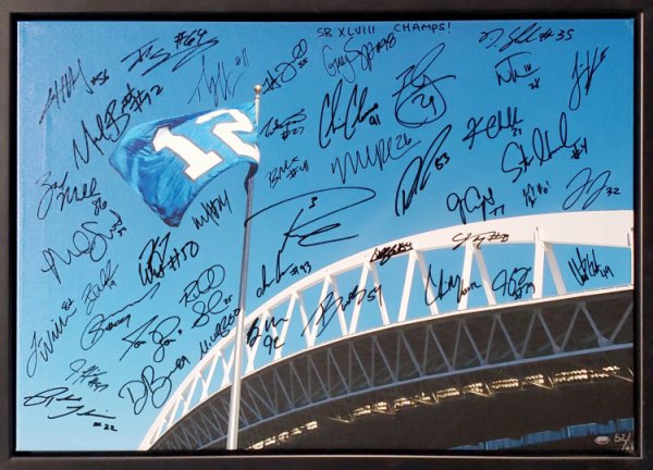 Seattle Seahawks Super Bowl Xlviii Champion Autographed Signed Framed 20X30 Canvas Photo "Sb Xlviii Champs" With 42 Signatures Including Russell Wilson & Marshawn Lynch #/112 Mcs Holo #94470 