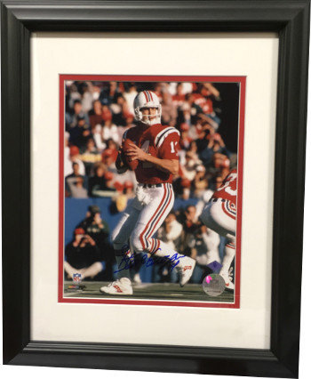 Steve Grogan Autographed Signed New England Patriots 8X10 Photo Custom Black Wood Framing (red jersey passing) 