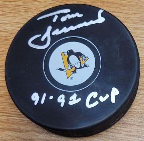 Tom Barrasso Autographed Signed Pittsburgh Penguins "91, 92 Cup" Hockey Puck - Autographs