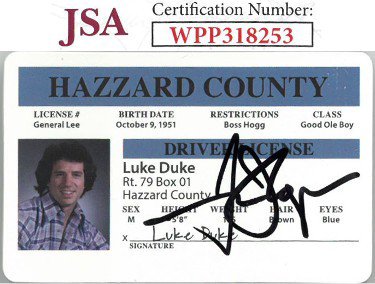 Tom Wopat Autographed Signed Luke Duke Hazzard County Rep Driver's License/Photo- JSA #WPP318253 (Dukes of Hazzard) 