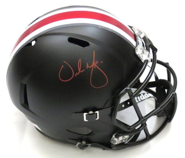 Urban Meyer Autographed Signed Ohio State Buckeyes Riddell Black Replica Speed Helmet Beckett Witness Red Paint 