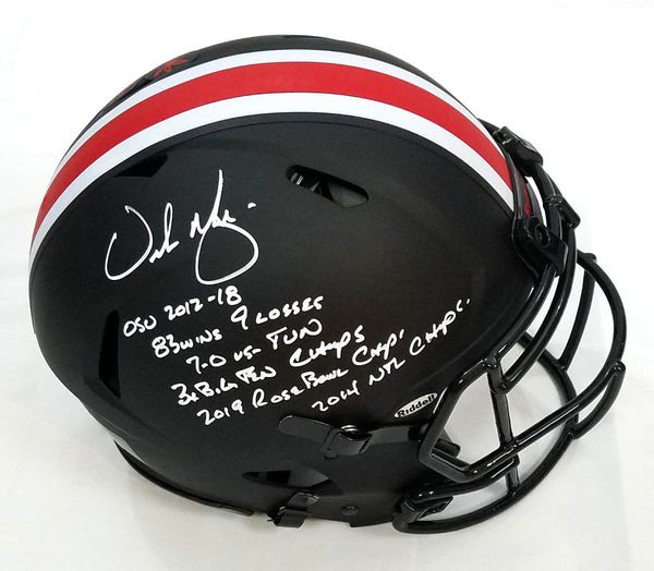 Urban Meyer Autographed Signed Ohio State Riddell Eclipse Authentic Helmet W/ Ohio State Career Stats Beckett Witnessed 
