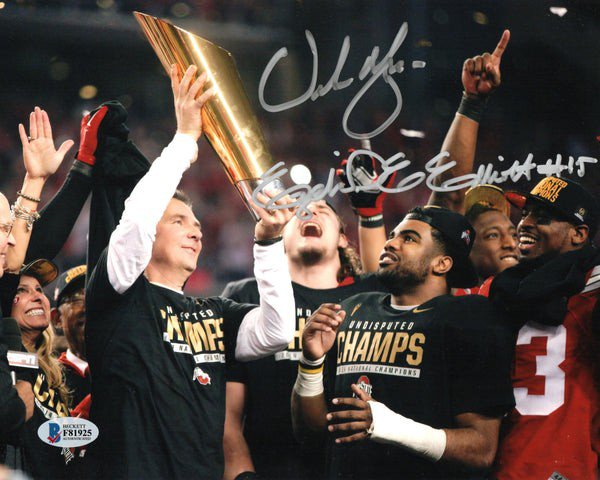 Urban Meyer & Ezekiel Elliott Autographed Signed Osu Ohio State 2015 National Champs 8X10 Beckett Witnessed 
