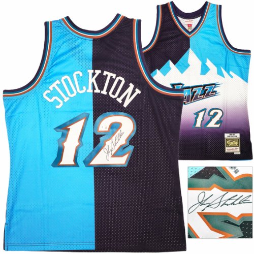 Utah Jazz John Stockton Autographed Blue & Purple Authentic Mitchell & Ness 1996-97 Hardwood Classic Swingman Split Jersey Size Xl Beckett Beckett Witness #224341