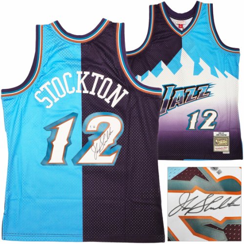Utah Jazz John Stockton Autographed Signed Blue & Purple Authentic Mitchell & Ness 1996-97 Hardwood Classic Swingman Split Jersey Size L Beckett Beckett Witness #224340 
