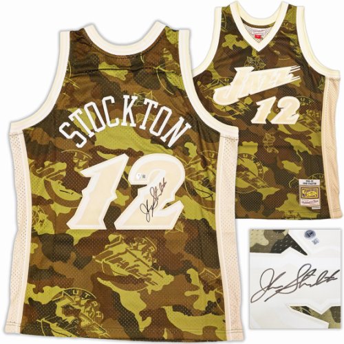 Utah Jazz John Stockton Autographed Signed Green Authentic Mitchell & Ness 1998-99 Hardwood Classic Swingman Ghost Camo Jersey Size L Beckett Beckett Witness #224348 