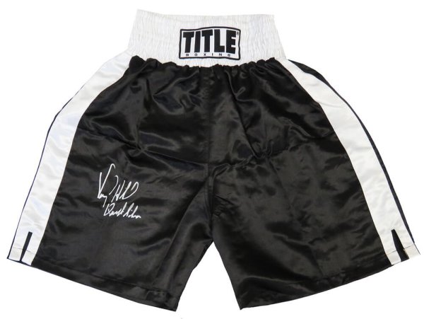 Virgil Hill Signed Title Black With White Trim Boxing Trunks w/Quicksilver
