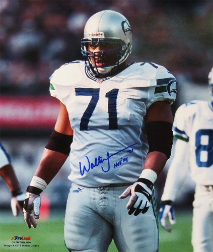 Walter Jones Autographed Signed Seattle Seahawks White Jersey Action 16x20 Photo w/HOF'14 