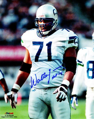 Walter Jones Autographed Signed Seattle Seahawks White Jersey Action 8x10 Photo w/HOF'14 