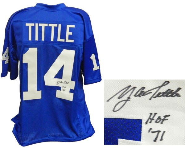 Y.A. Tittle Autographed Signed Blue Custom Football Jersey w/HOF 71 
