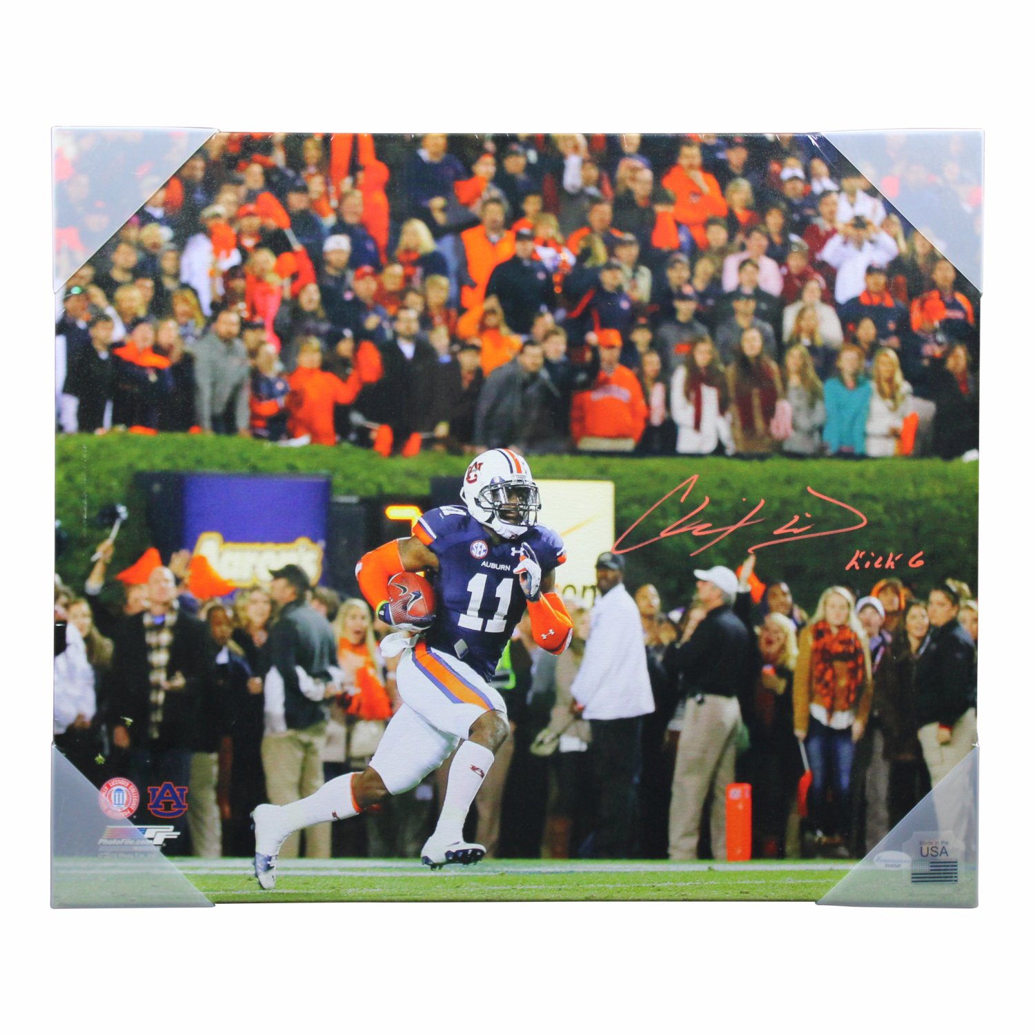 Chris Davis Autographed Auburn Tigers Stretched Kick Six vs Alabama Canvas  with Kick 6 Inscription Signed in Orange - Certified Authentic