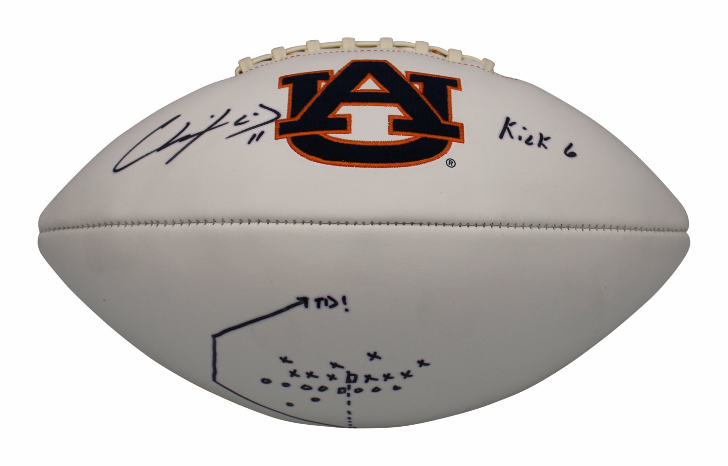 Chris Davis Autographed Signed Auburn Tigers White Panel Football with Kick Six and Play Art Inscriptions Certified Authentic