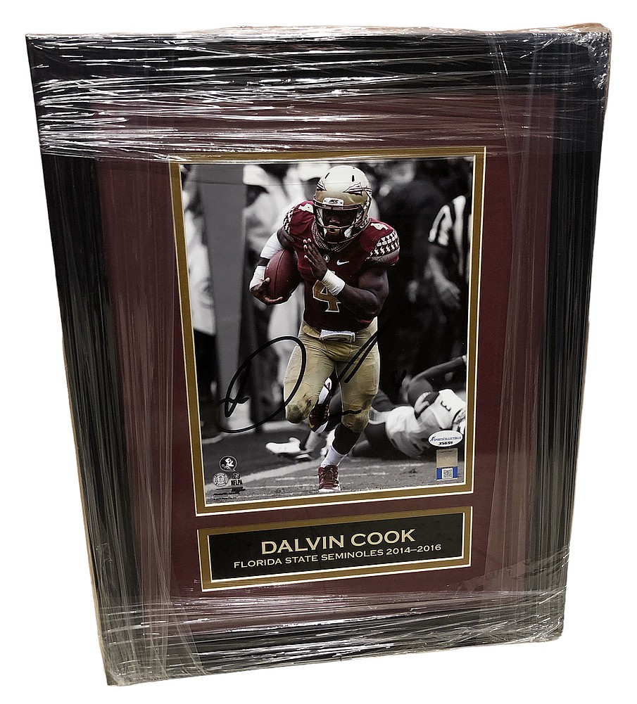 Dalvin Cook Autographed Signed Florida State Seminoles Framed Spotlight running in Garnet Jersey 8x10 Photo with Nameplate Certified Authentic