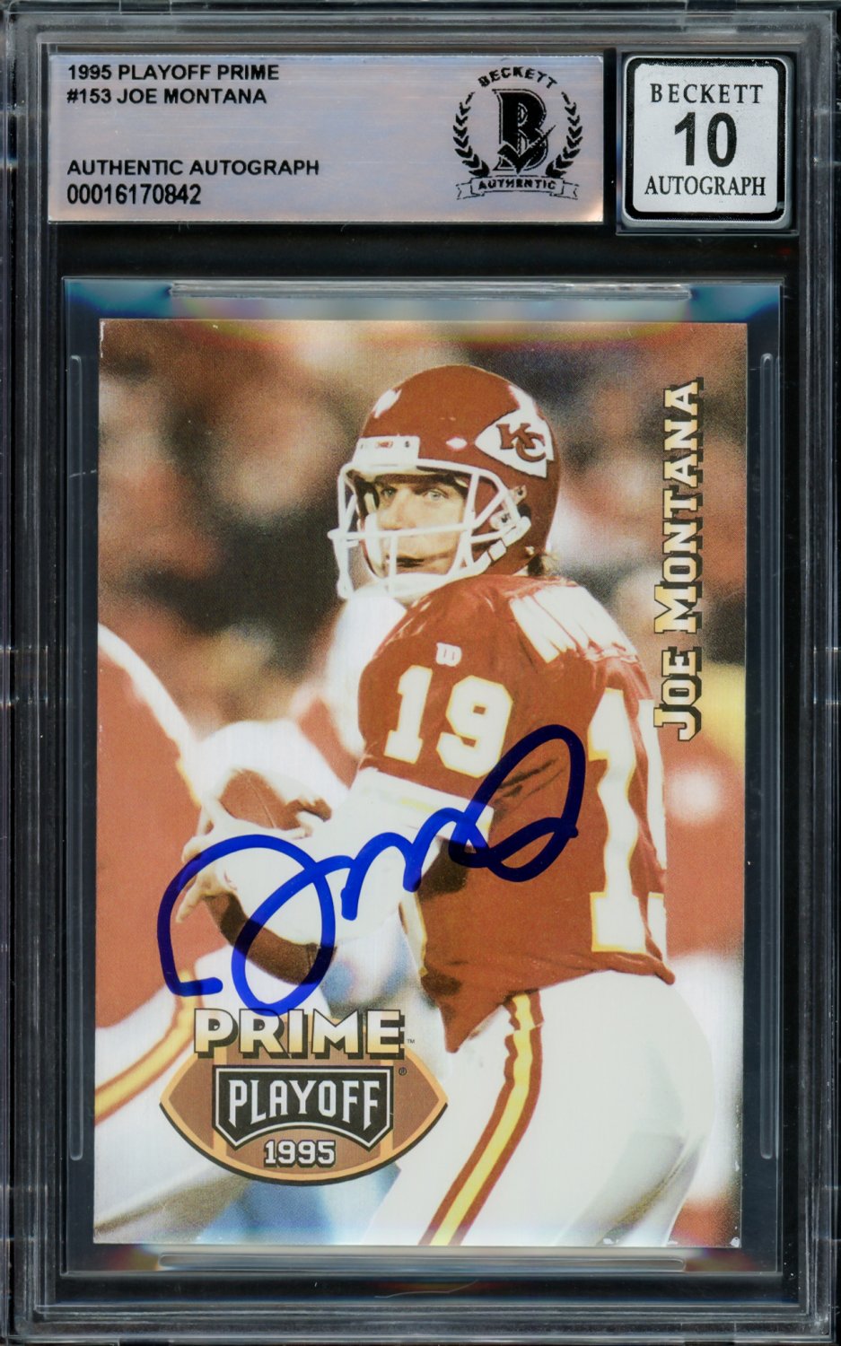 Joe Montana Autographed Signed 1995 Playoff Prime Card 153 Kansas City Chiefs Auto Grade Gem Mint 10 Beckett Beckett