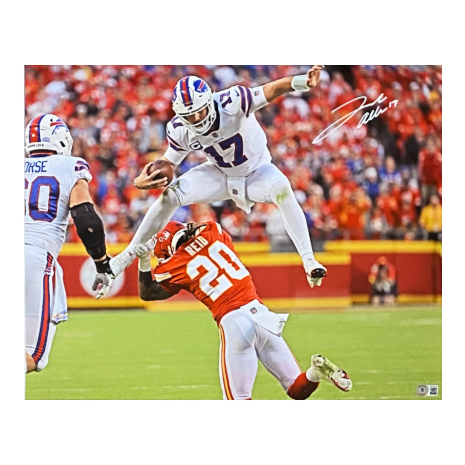 Josh Allen Autographed Signed Buffalo Bills 16x20 Color Kansas City Hurdle Photo Beckett Authentic