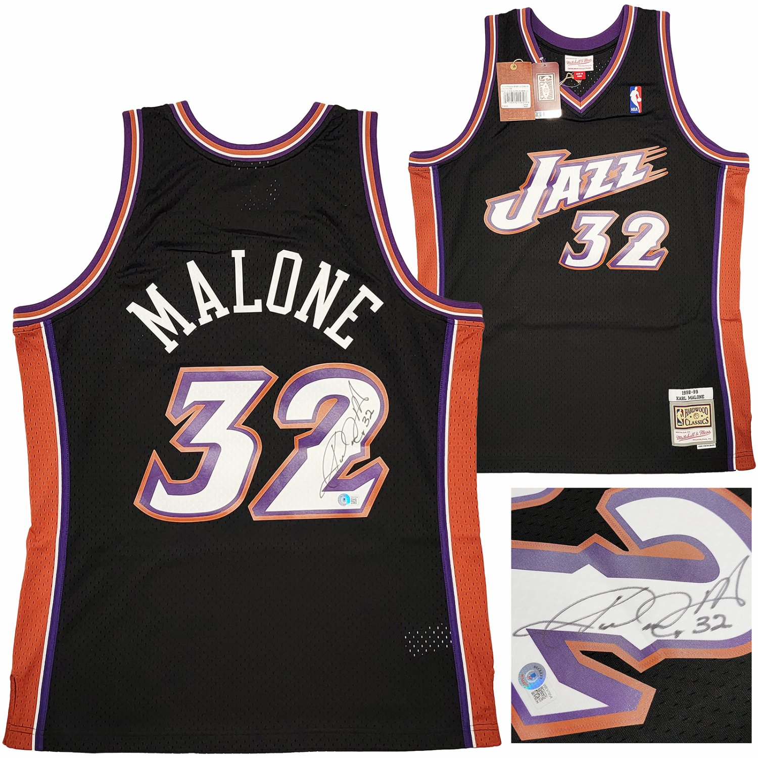 Karl Malone Autographed Signed Utah Jazz Black Authentic Mitchell Ness Jersey Size L Beckett Beckett Witness