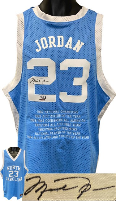 Michael Jordan Autographed Signed North Carolina Tar Heels Nike Lt Blue Authentic Stat Jersey 4 23 Upper Deck Hologram Size 46