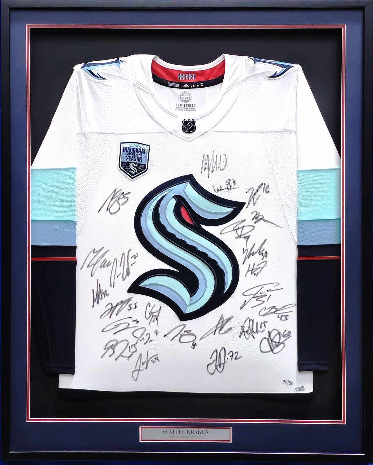 Multi Signed Autographed Signed Seattle Kraken 2021 22 Inaugural Season Framed White Adidas Jersey With 24 Signatures Including Jordan Eberle Jared Mccann Fanatics Holo