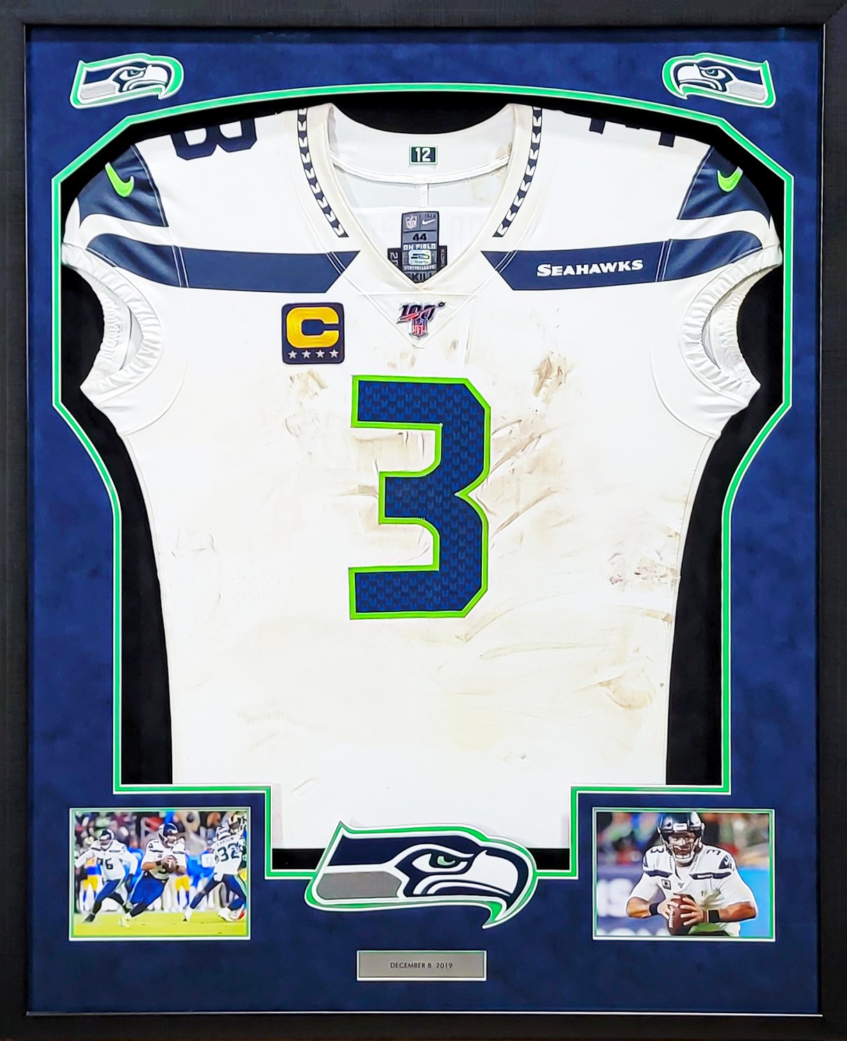 Russell Wilson Framed Game Used Seattle Seahawks White Nike Jersey With Captain s Patch NFL 100 Logo Unsigned 203517